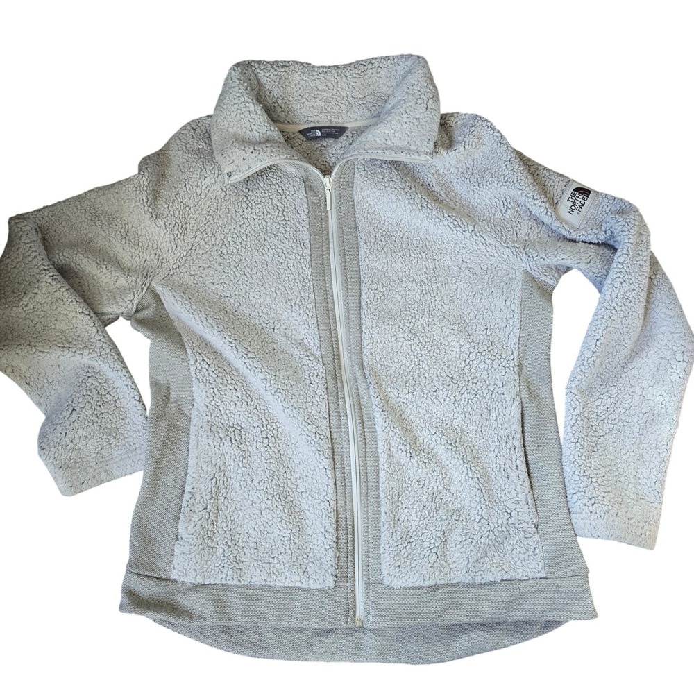 The North Face Womens Full Zip Sherpa Fleece Jacket Gray L Mock Neck Knit Panels